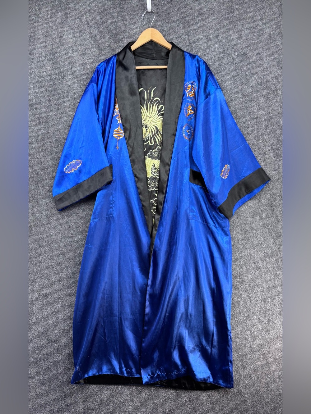 Satin Black & Blue Reversible Embroidered Chinese Dragon Kimono Robe OS